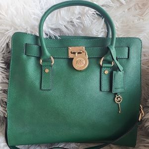Michael Kors Hamilton Large Dark Saffiano Malachite Green Leather Tote